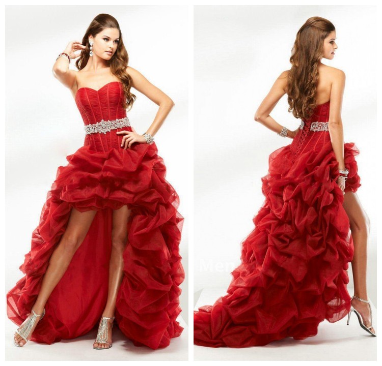 High Low Red Prom Dresses, Custom Beads Belt Organza Prom Gown, Long